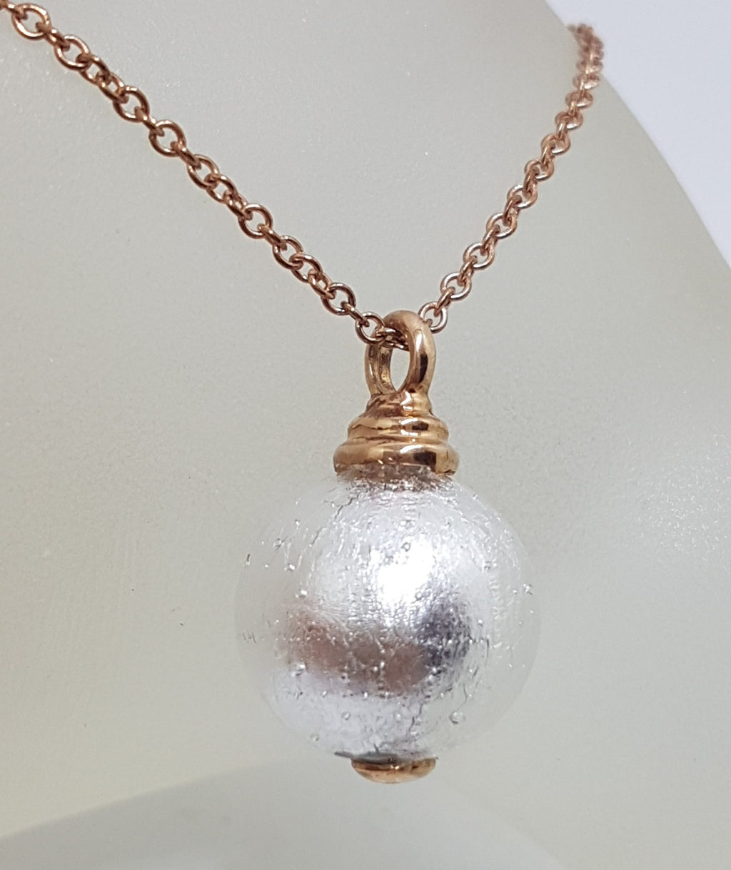 9ct Rose Gold Silver Coloured Murano Glass Ball Pendant on 9ct Chain