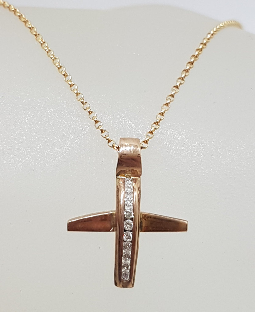 9ct Rose Gold Diamond Cross / Crucifix Pendant on 9ct Chain