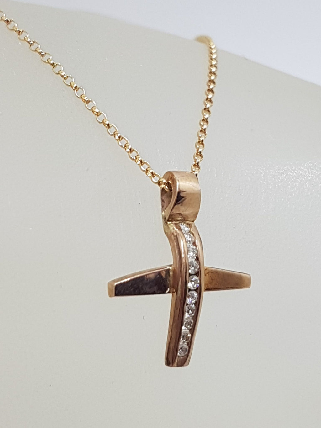 9ct Rose Gold Diamond Cross / Crucifix Pendant on 9ct Chain