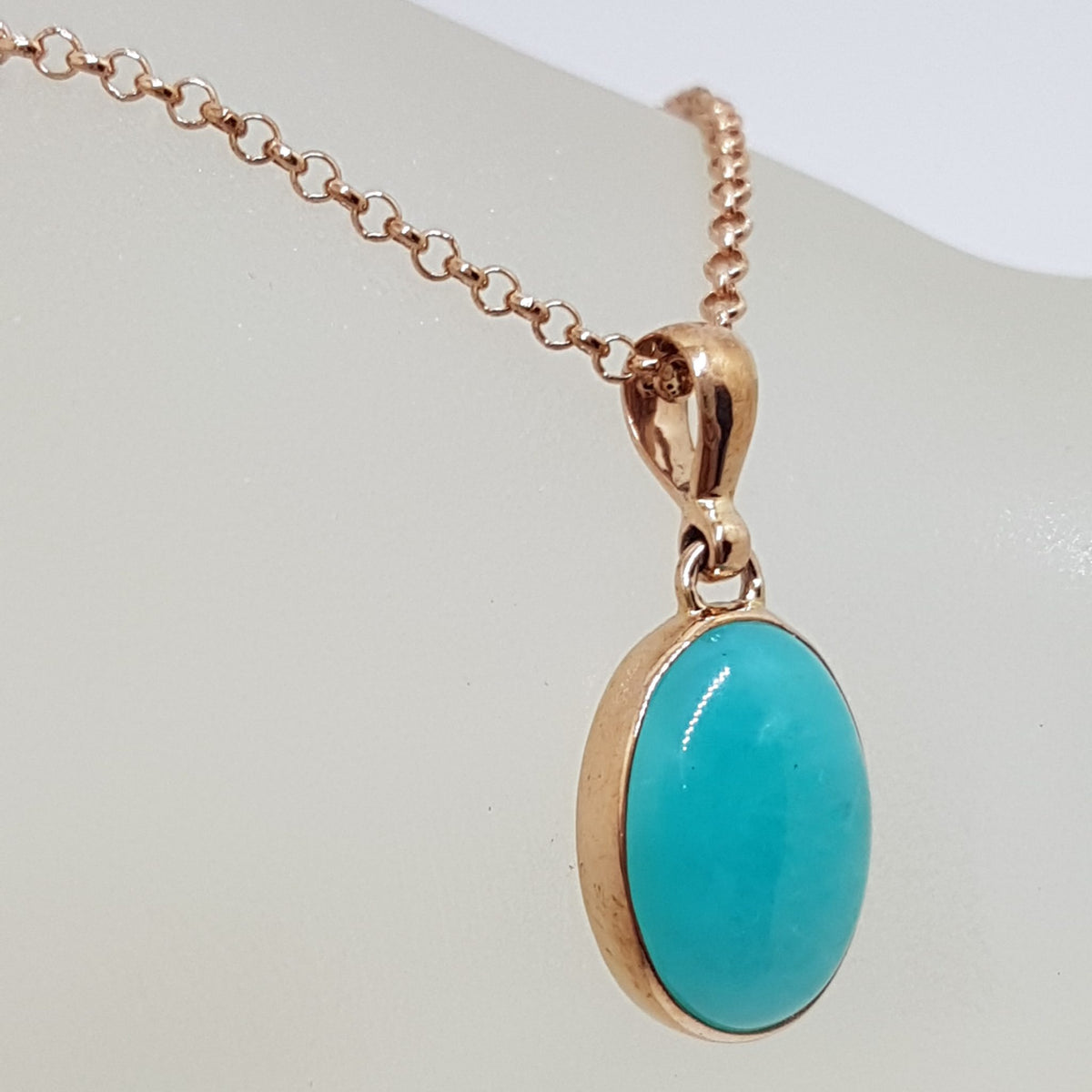 9ct Rose Gold Oval Amazonite Pendant on 9ct Chain - Medium