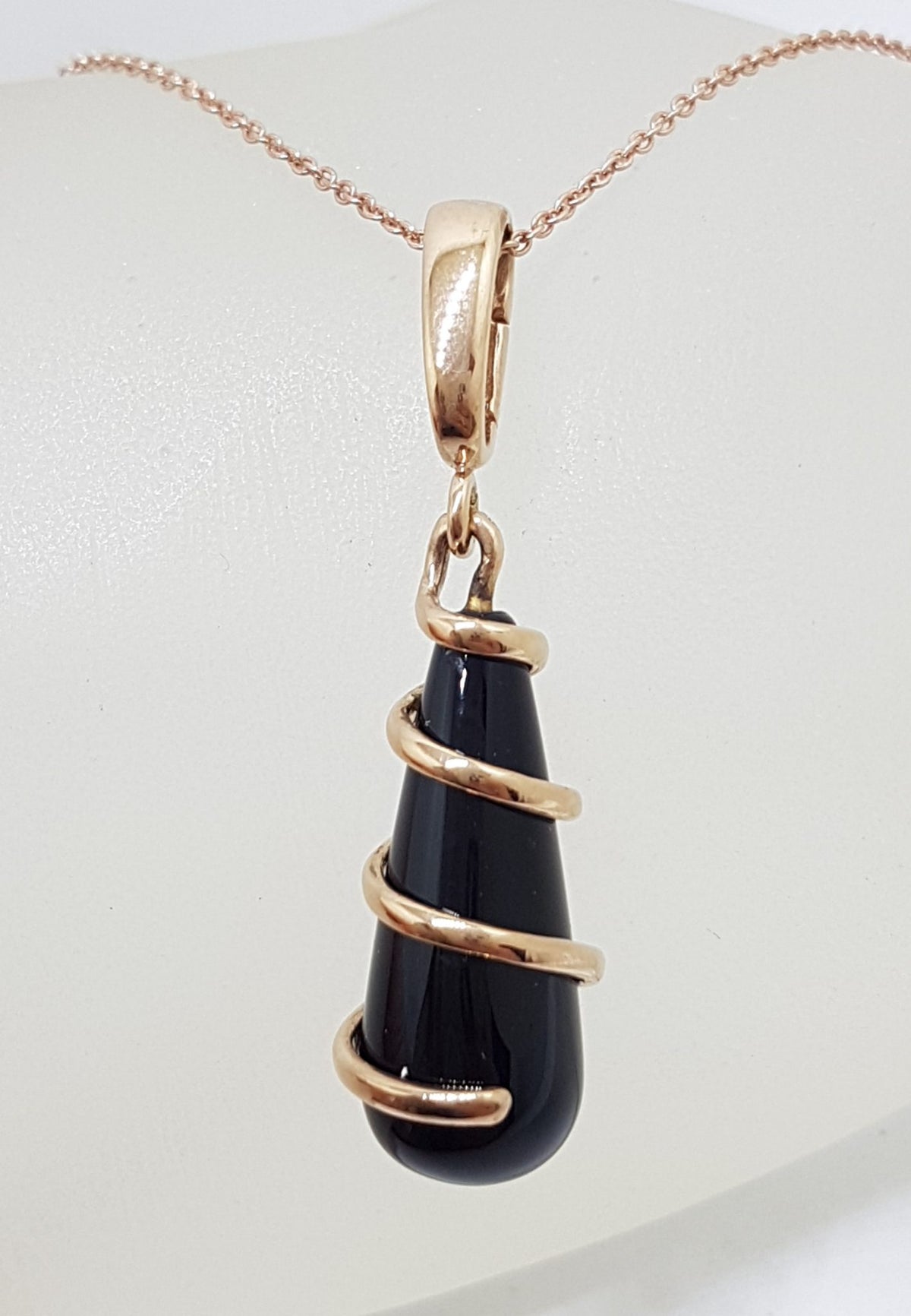 9ct Rose Gold Onyx Twist Drop Pendant on 9ct Chain - Earrings also available