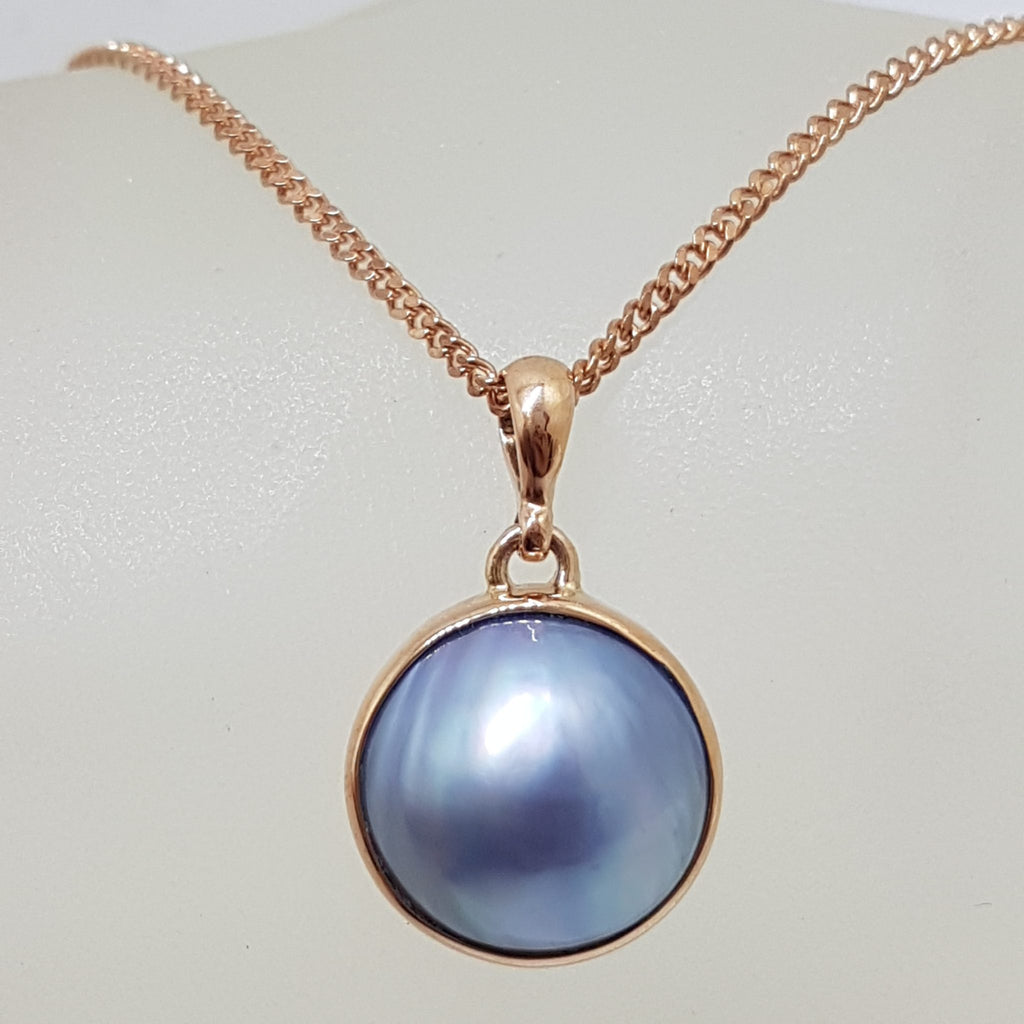 9ct Rose Gold Round Blue / Black Mabe Pearl Pendant on 9ct Chain