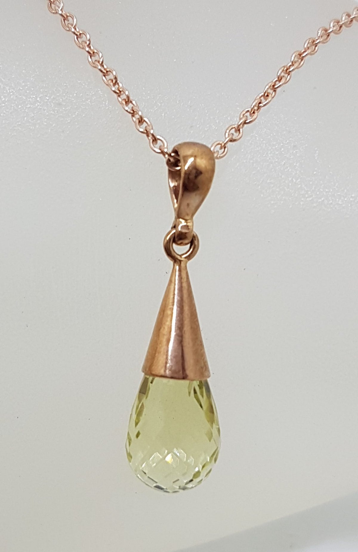 9ct Rose Gold Lemon Citrine Cone Shape Drop Pendant on 9ct Chain