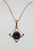 9ct Rose Gold Square Pendant set with Diamonds and Garnet on 9ct Gold Chain