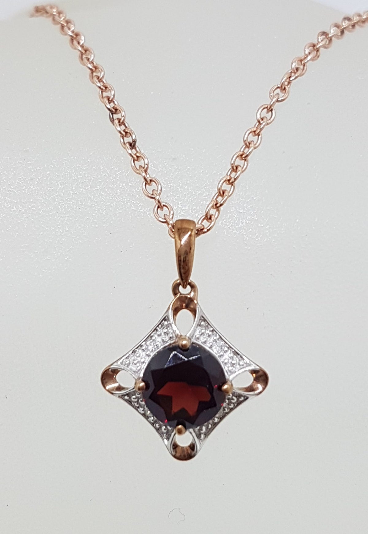 9ct Rose Gold Square Pendant set with Diamonds and Garnet on 9ct Gold Chain