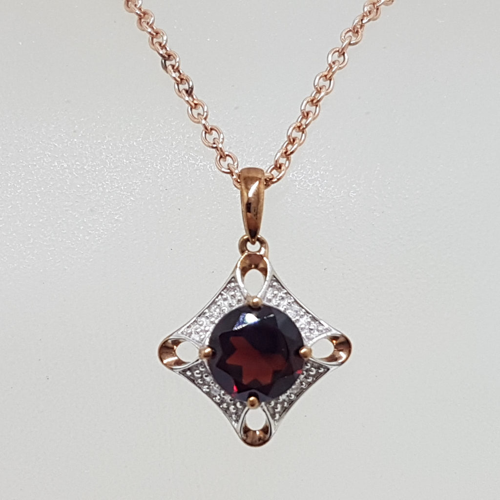 9ct Rose Gold Square Pendant set with Diamonds and Garnet on 9ct Gold Chain