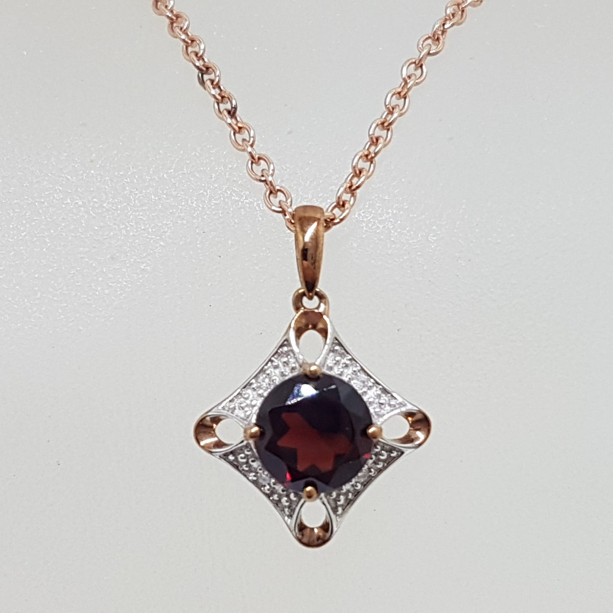 9ct Rose Gold Square Pendant set with Diamonds and Garnet on 9ct Gold Chain