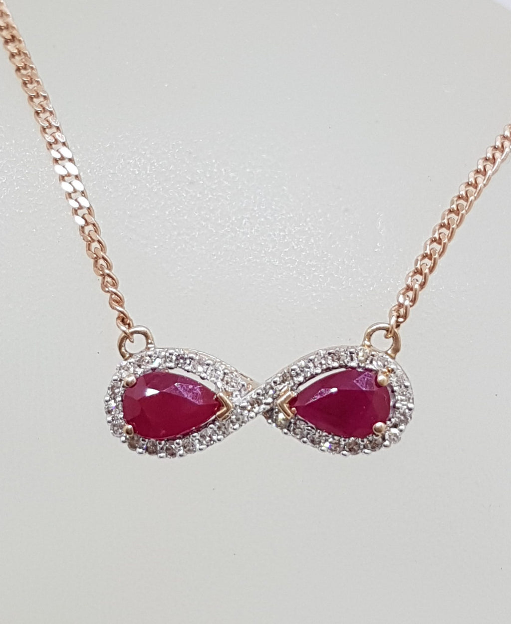 9ct Rose Gold Diamond &amp; Ruby Infinity Collier Necklace / Chain