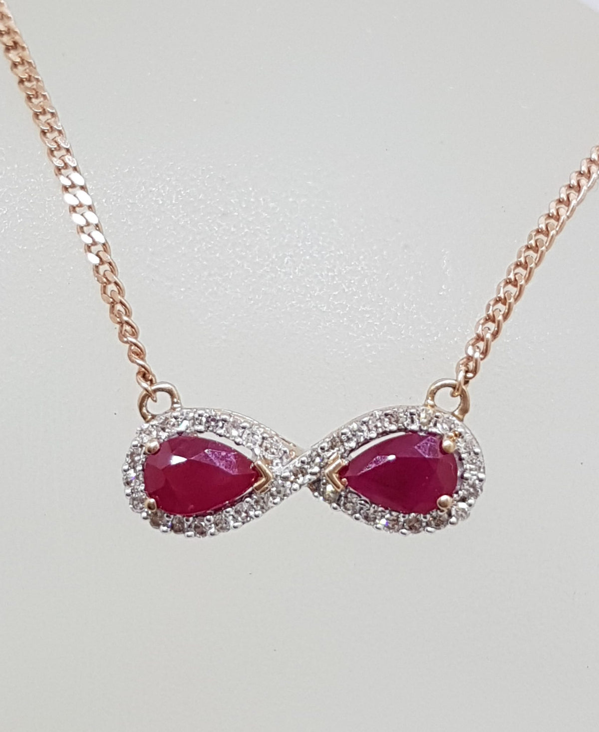 9ct Rose Gold Diamond &amp; Ruby Infinity Collier Necklace / Chain