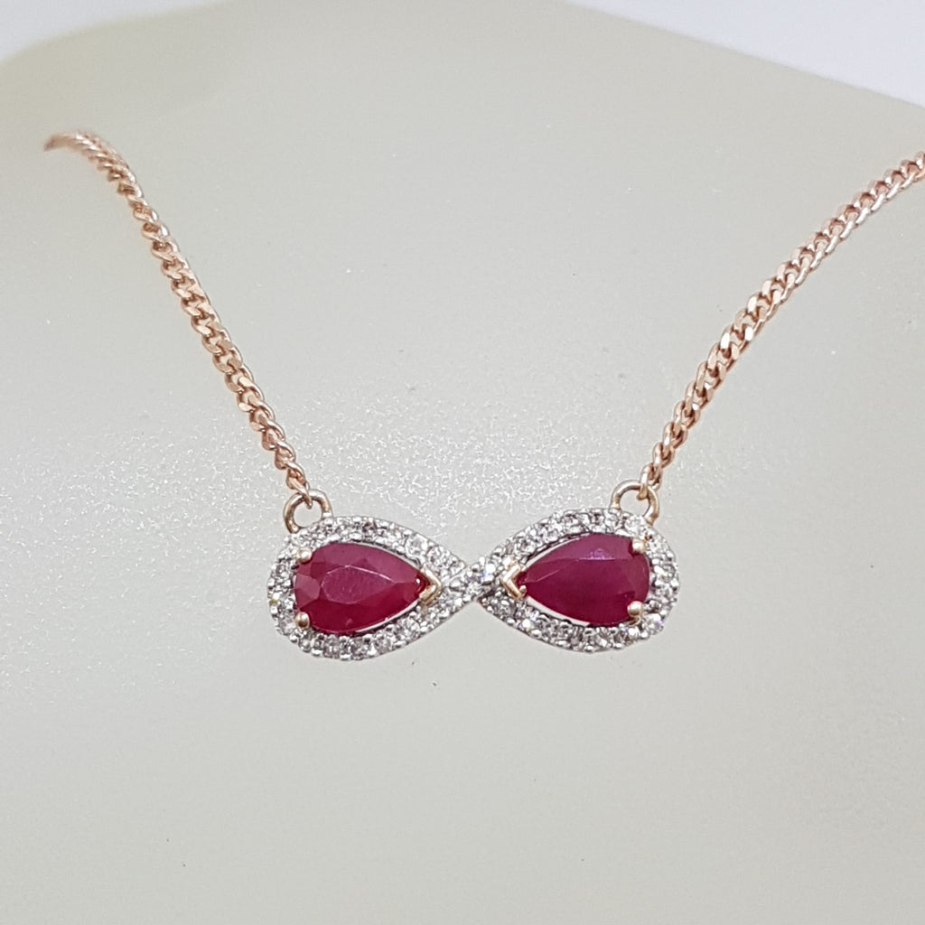 9ct Rose Gold Diamond &amp; Ruby Infinity Collier Necklace / Chain