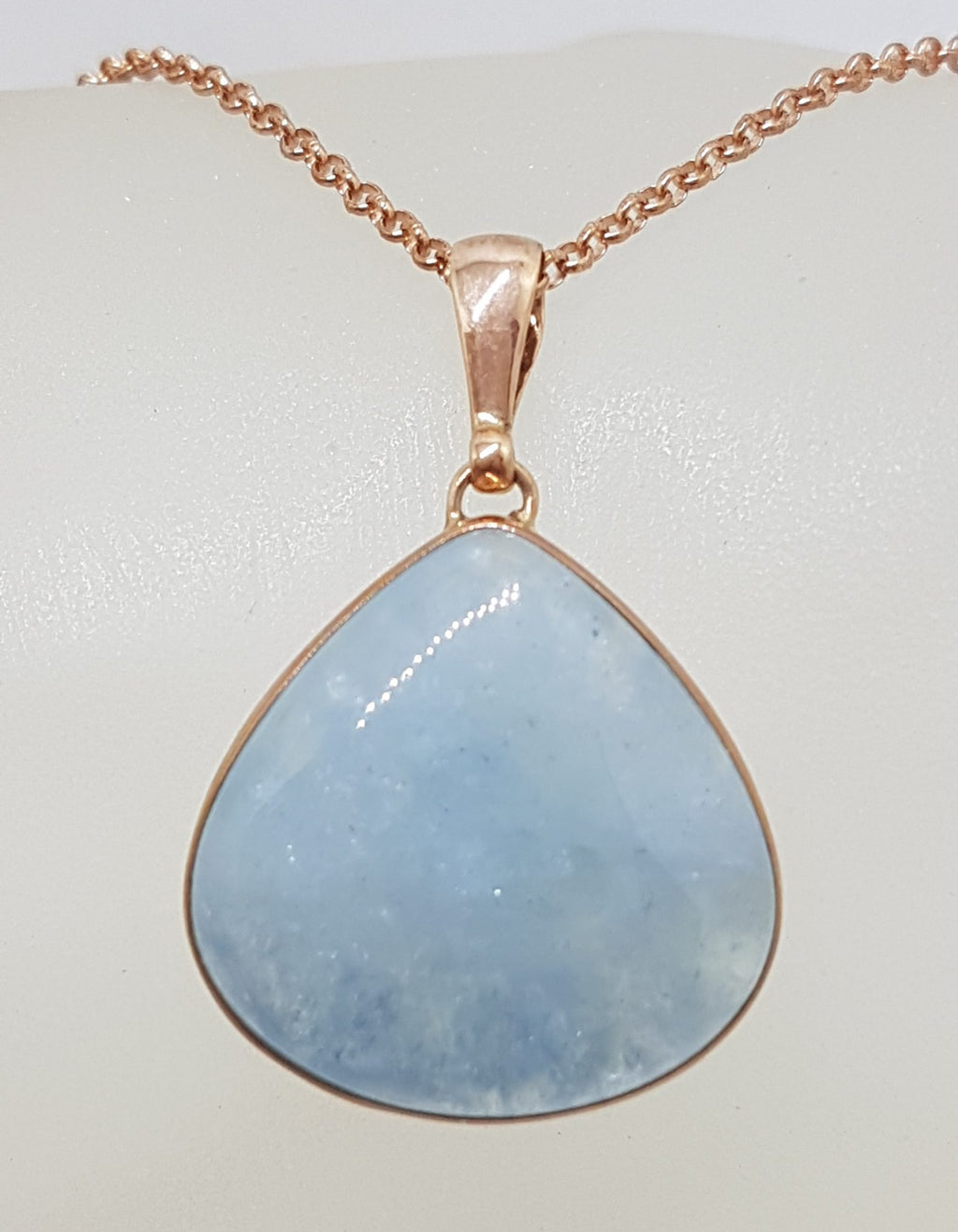 9ct Rose Gold Large Cabochon Cut Teardrop / Pear Shape Aquamarine Pendant on 9ct Chain