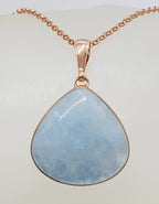 9ct Rose Gold Large Cabochon Cut Teardrop / Pear Shape Aquamarine Pendant on 9ct Chain