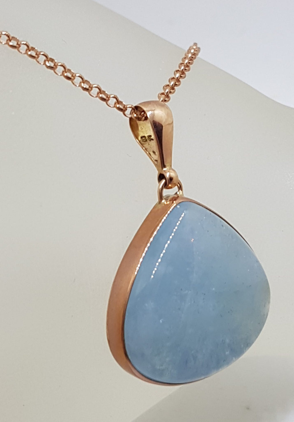 9ct Rose Gold Large Cabochon Cut Teardrop / Pear Shape Aquamarine Pendant on 9ct Chain
