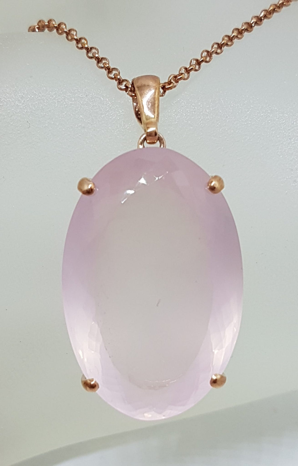 9ct Rose Gold Large Oval Faceted Rose Quartz Pendant on 9ct Chain