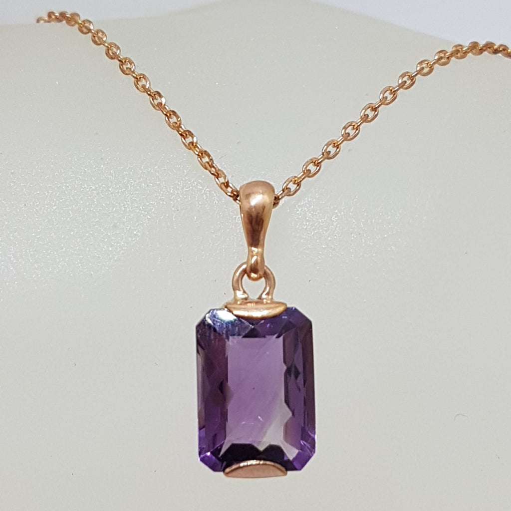 9ct Rose Gold Rectangular Amethyst Pendant on 9ct Chain