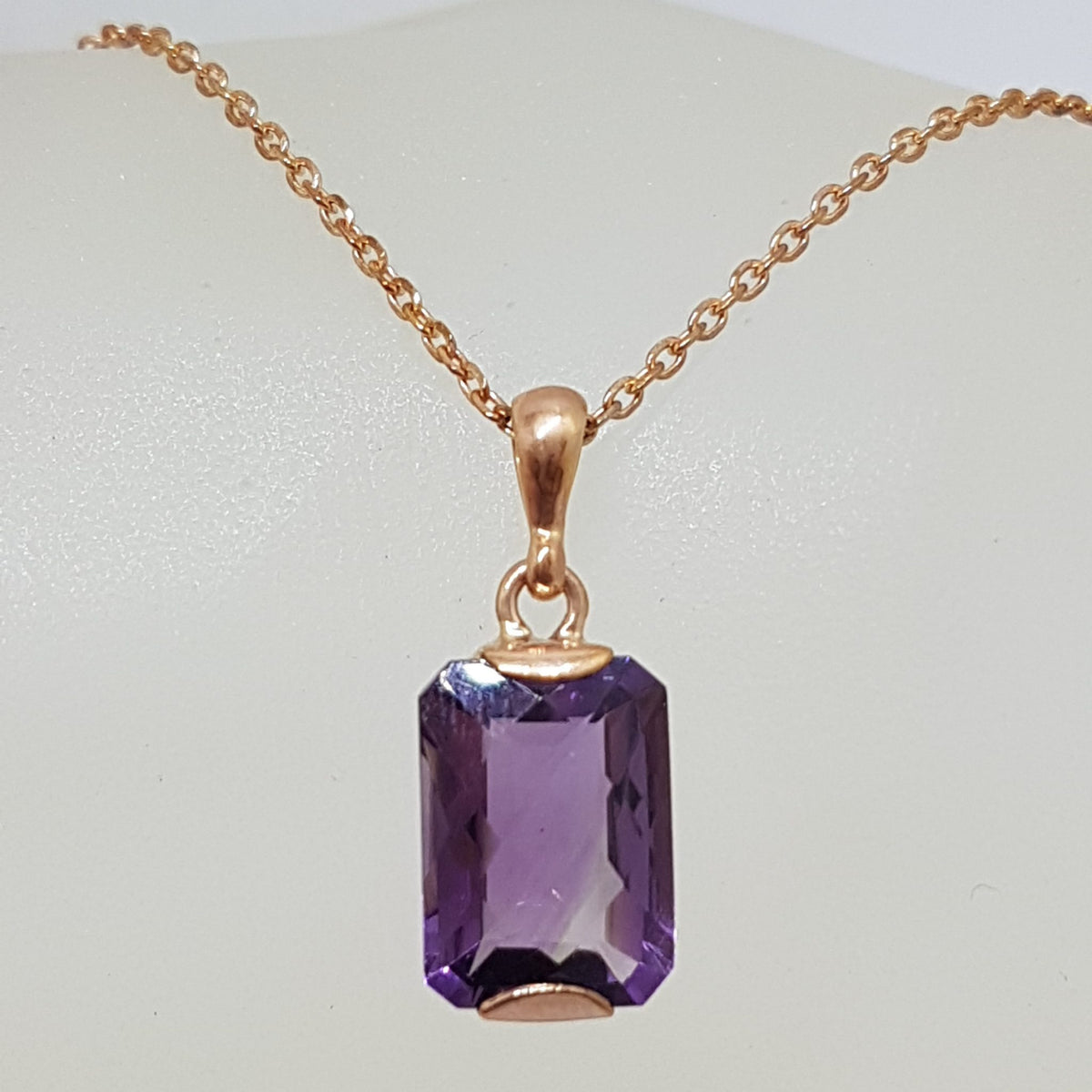 9ct Rose Gold Rectangular Amethyst Pendant on 9ct Chain