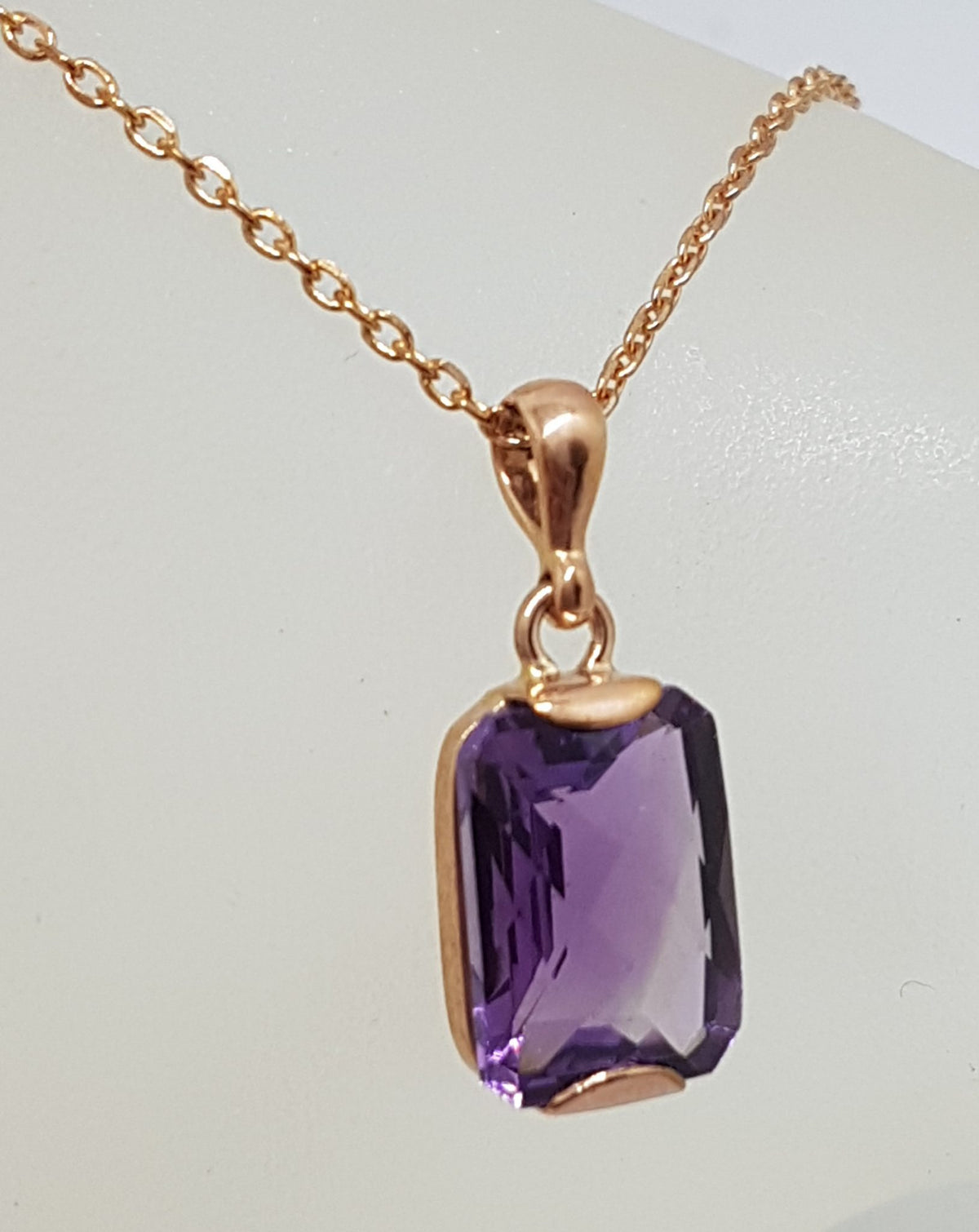 9ct Rose Gold Rectangular Amethyst Pendant on 9ct Chain