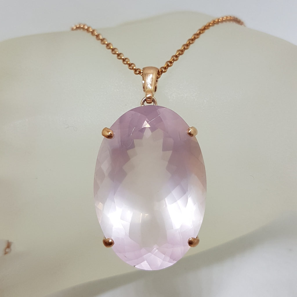 9ct Rose Gold Rose Quartz Pendant - Oval - on 9ct Chain
