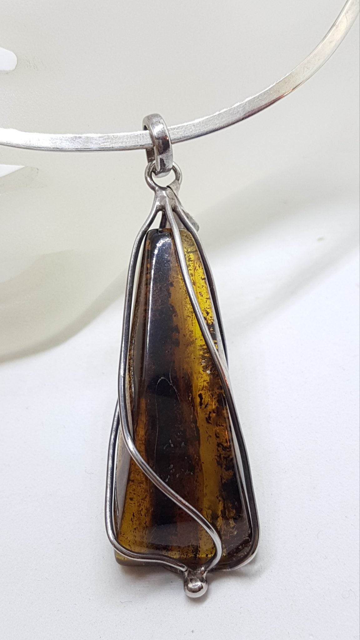 Sterling Silver Large Triangle Shape Amber Pendant on Choker
