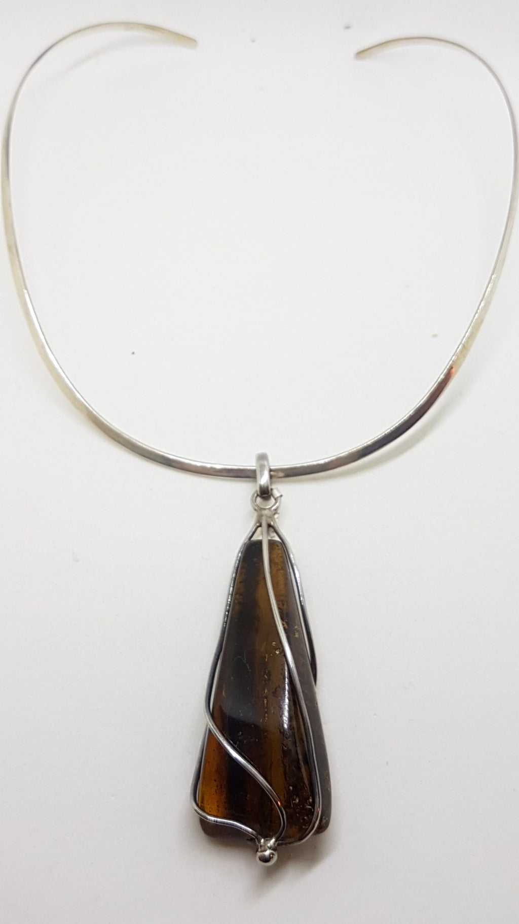 Sterling Silver Large Triangle Shape Amber Pendant on Choker