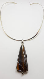 Sterling Silver Large Triangle Shape Amber Pendant on Choker