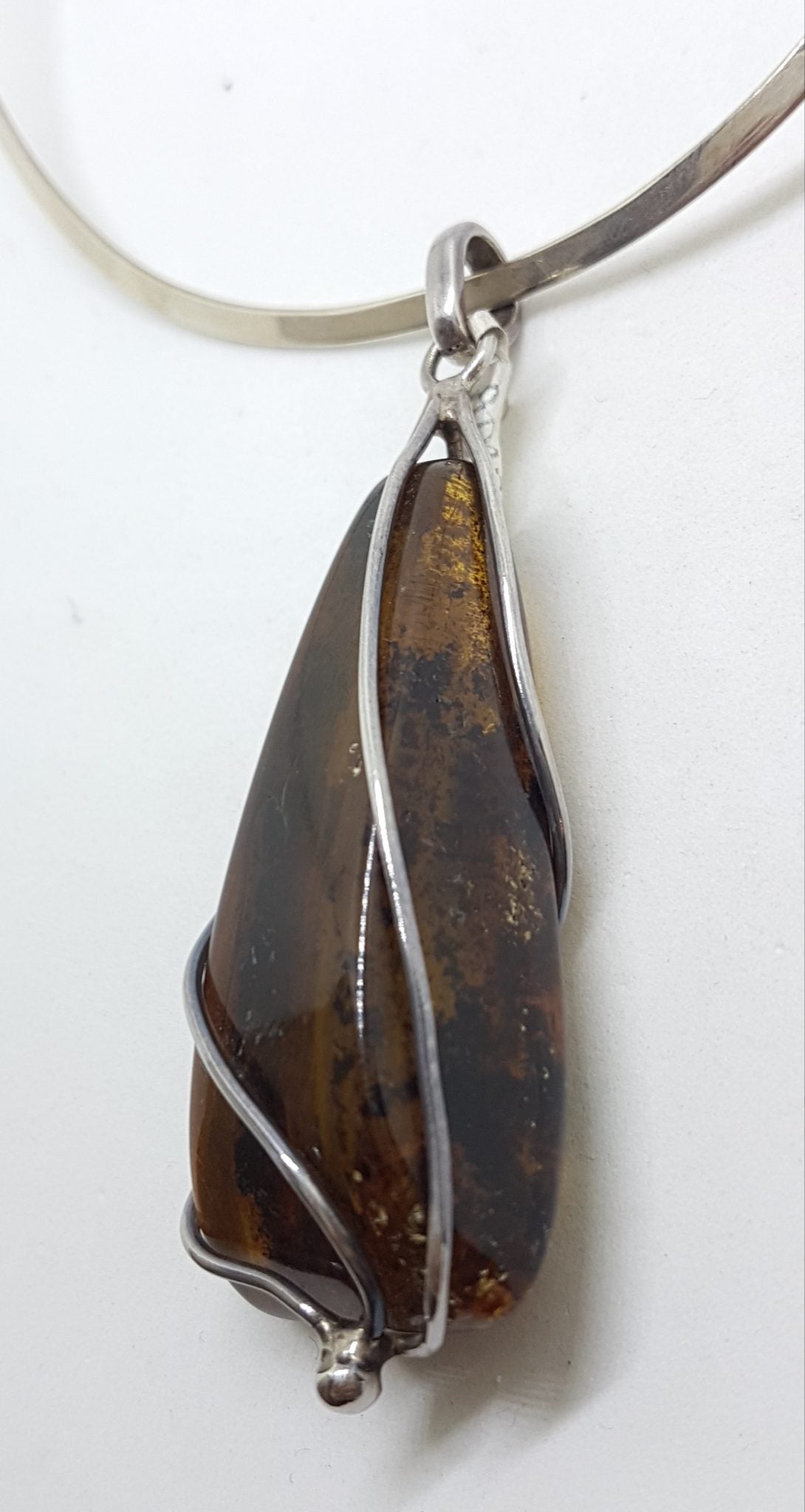 Sterling Silver Large Triangle Shape Amber Pendant on Choker