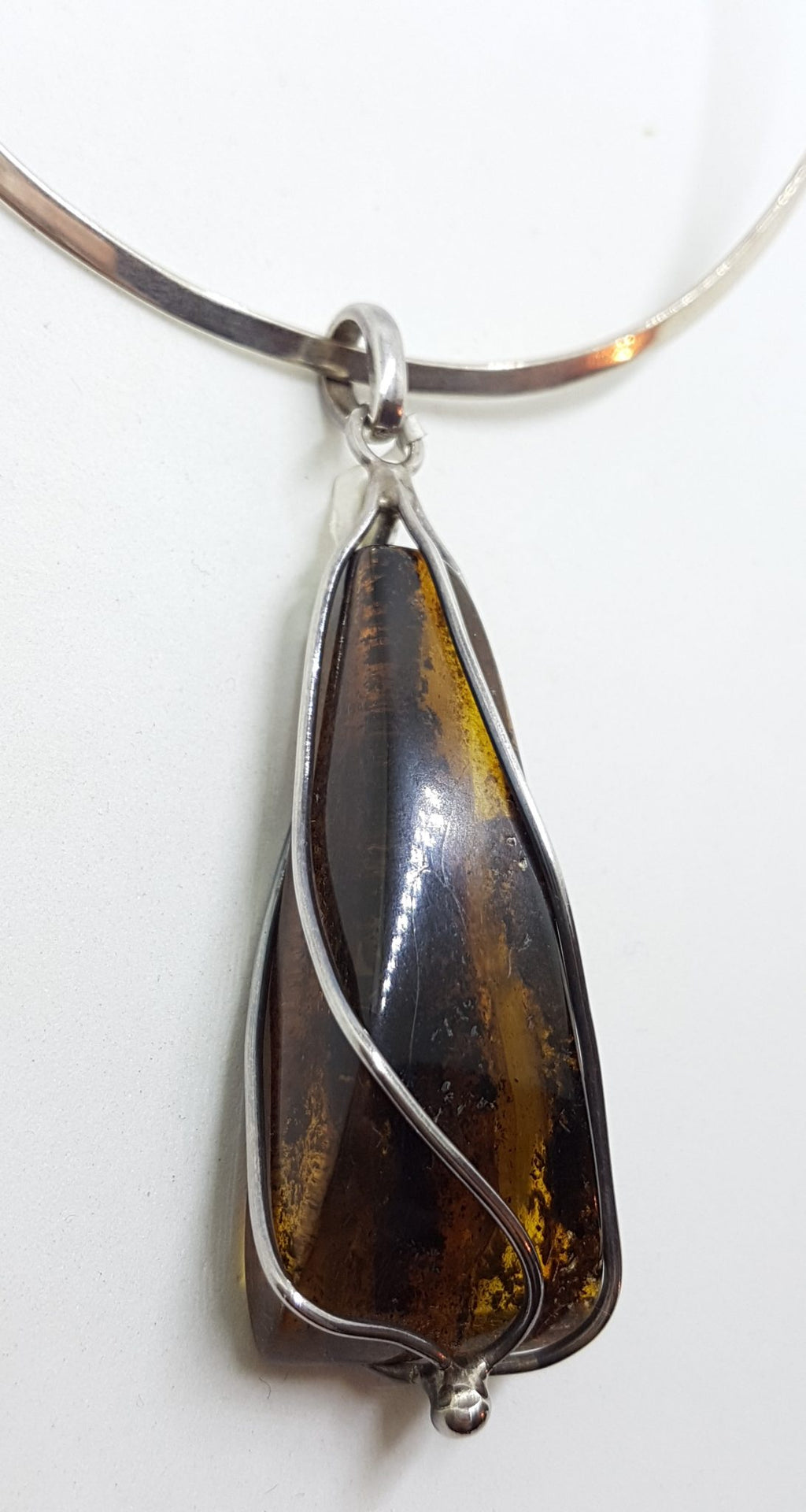 Sterling Silver Large Triangle Shape Amber Pendant on Choker