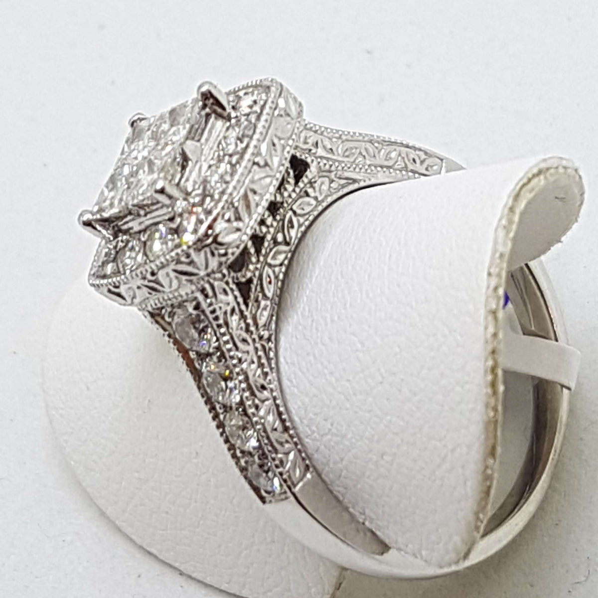 14ct White Gold Square High Set Ornate Cluster Diamond Engagement / Dress Ring