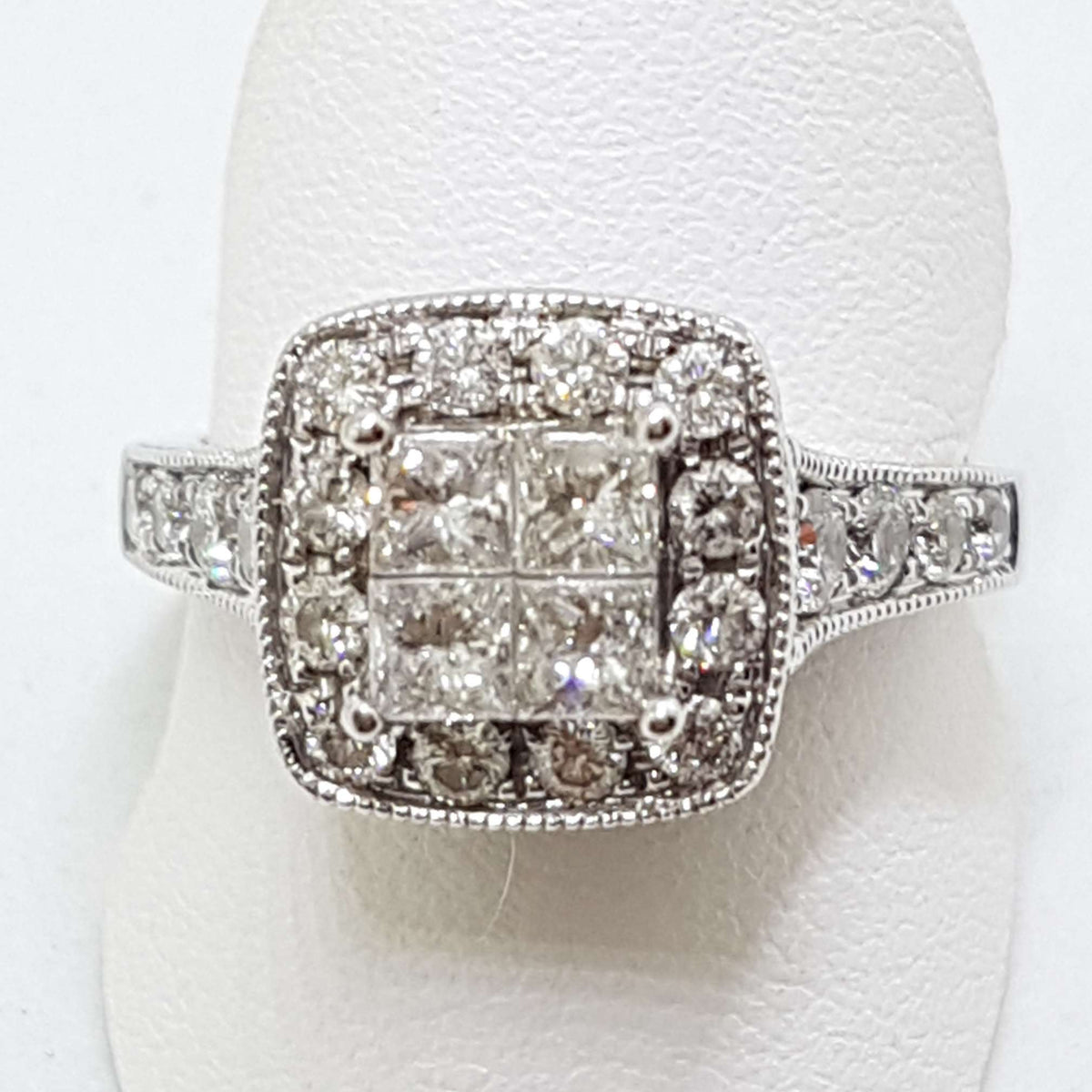 14ct White Gold Square High Set Ornate Cluster Diamond Engagement / Dress Ring