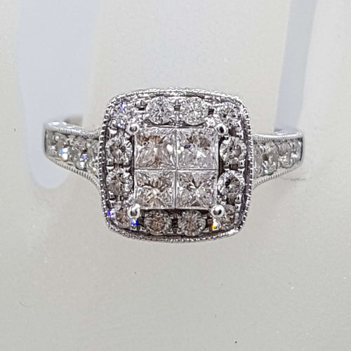 14ct White Gold Square High Set Ornate Cluster Diamond Engagement / Dress Ring