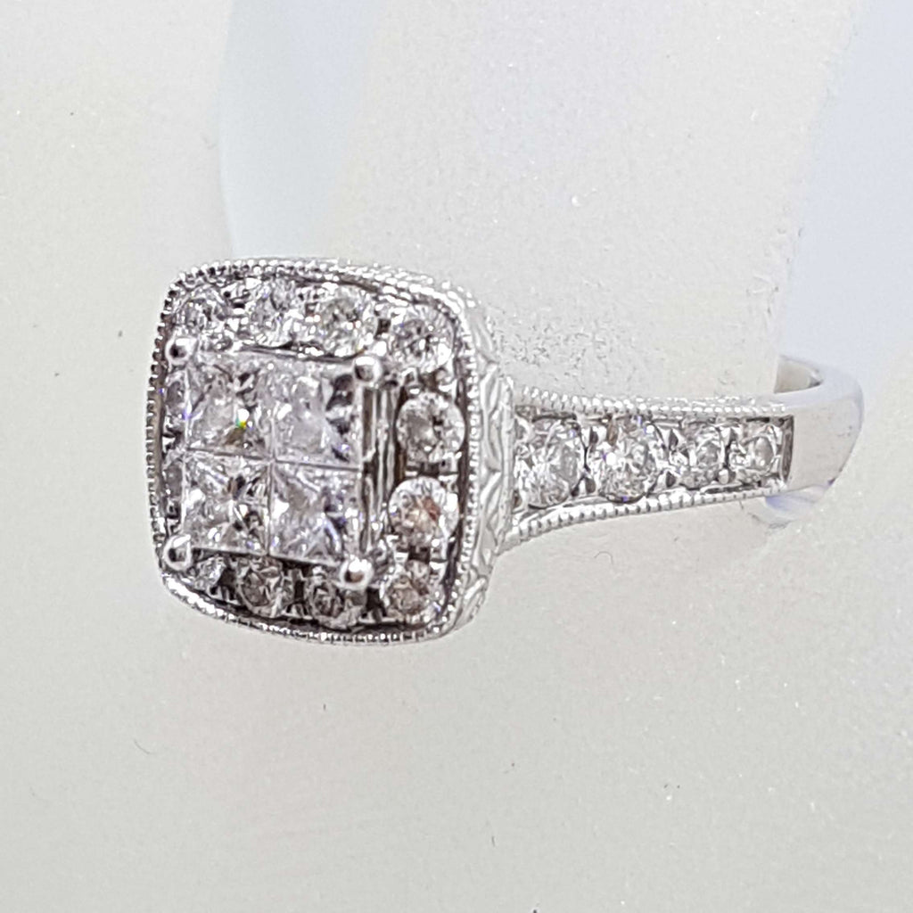 14ct White Gold Square High Set Ornate Cluster Diamond Engagement / Dress Ring