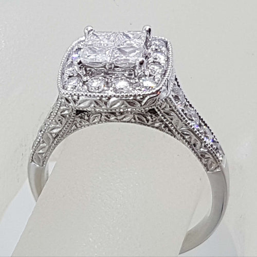 14ct White Gold Square High Set Ornate Cluster Diamond Engagement / Dress Ring