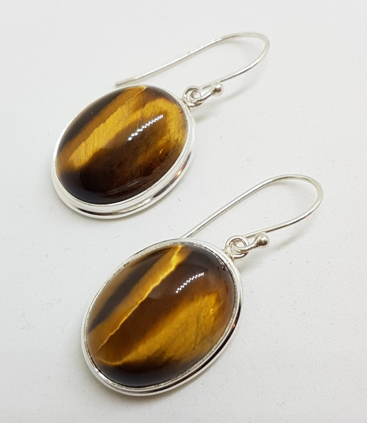 Sterling Silver Large Oval Bezel Set Tiger Eye Drop Earrings