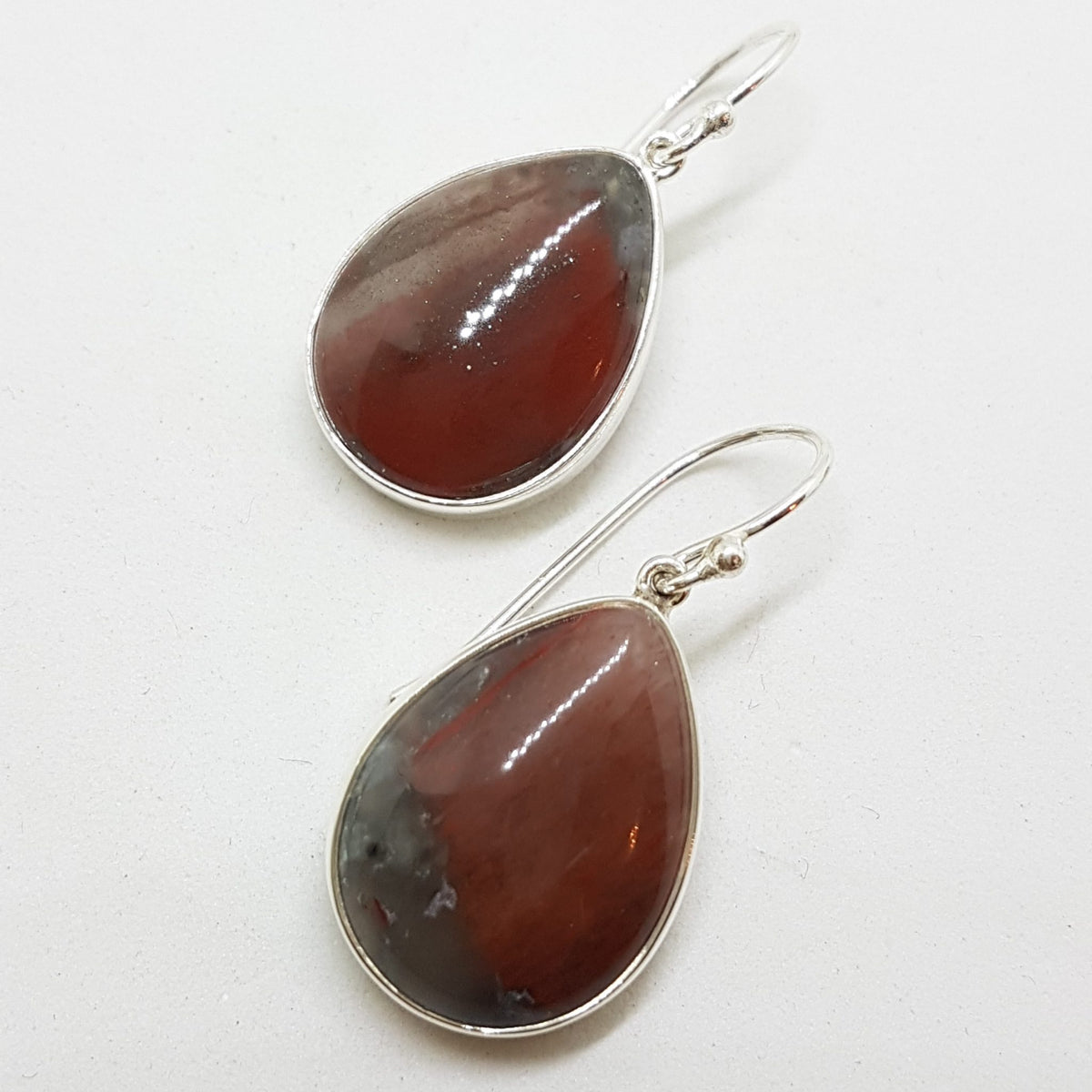 Sterling Silver Large Pear Shape Teardrop Bloodstone Jasper Drop Earrings
