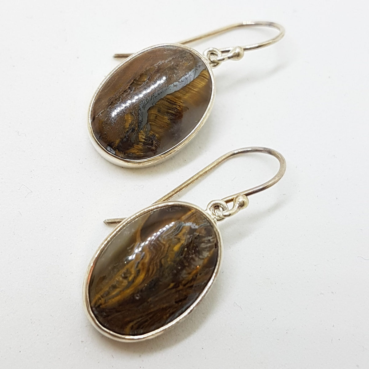 Sterling Silver Oval Bezel Set Tiger Eye Drop Earrings