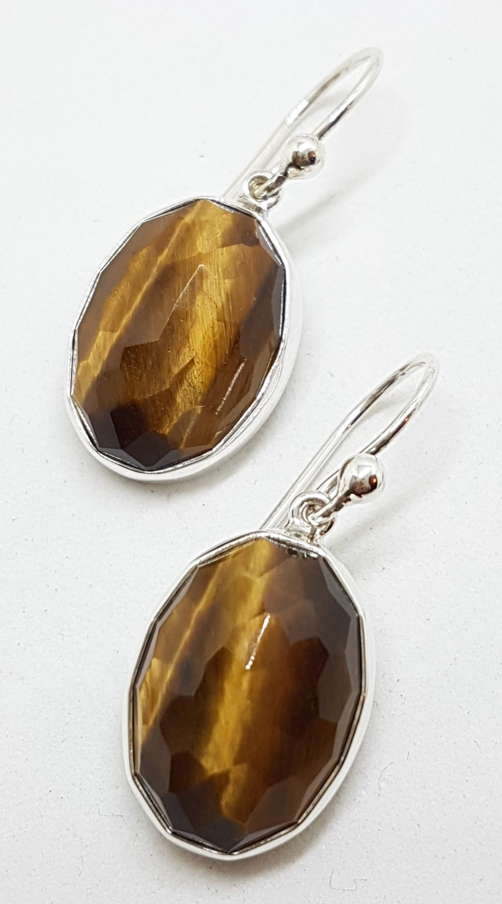 Sterling Silver Large Oval Faceted Bezel Set Tiger Eye Drop Earrings