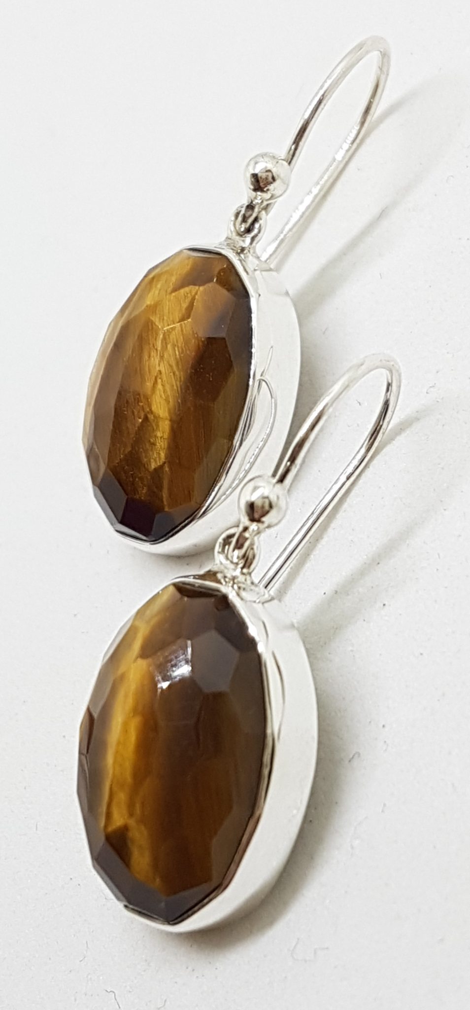 Sterling Silver Large Oval Faceted Bezel Set Tiger Eye Drop Earrings