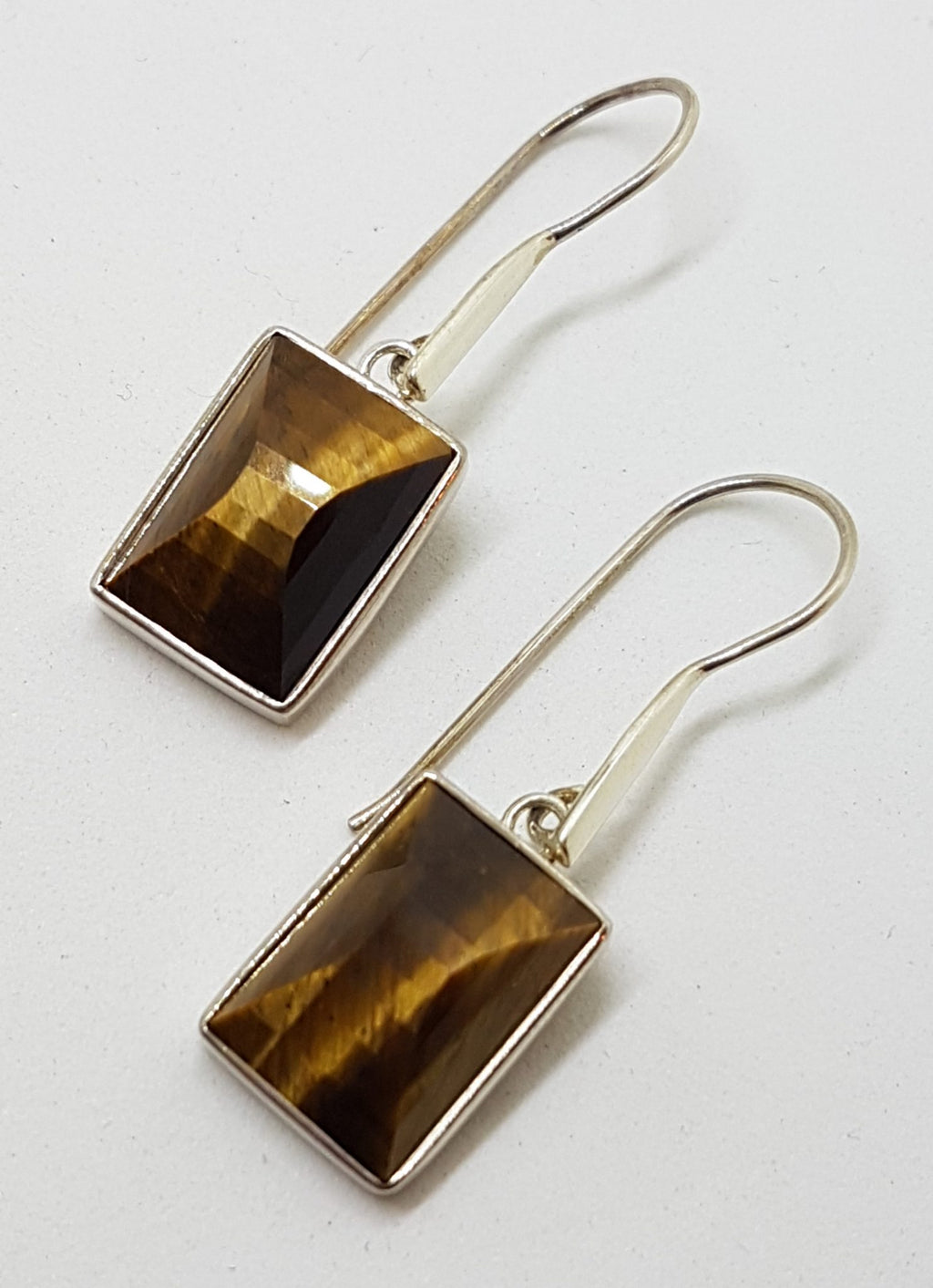 Sterling Silver Long Rectangular Faceted Bezel Set Tiger Eye Drop Earrings