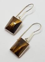 Sterling Silver Long Rectangular Faceted Bezel Set Tiger Eye Drop Earrings