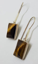 Sterling Silver Long Rectangular Faceted Bezel Set Tiger Eye Drop Earrings