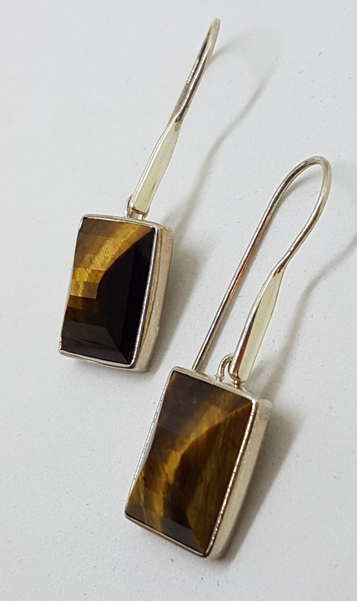 Sterling Silver Long Rectangular Faceted Bezel Set Tiger Eye Drop Earrings