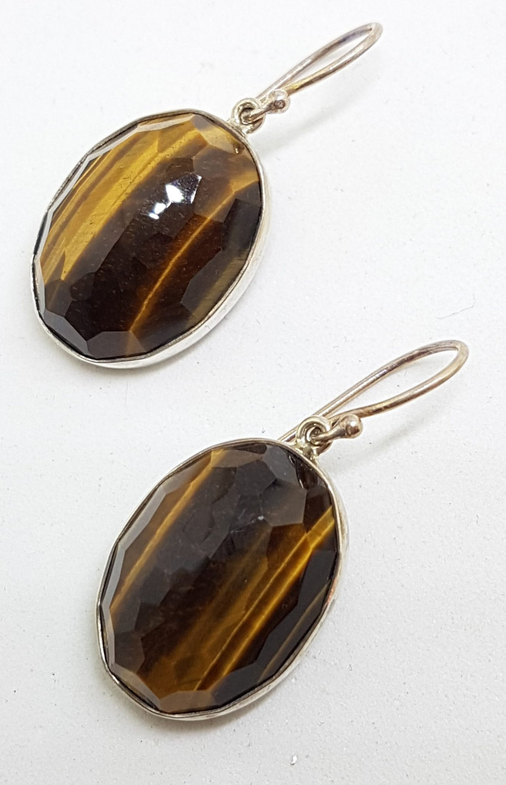 Sterling Silver Large Oval Faceted Bezel Set Tiger Eye Drop Earrings