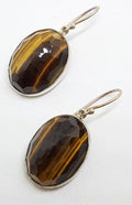 Sterling Silver Large Oval Faceted Bezel Set Tiger Eye Drop Earrings