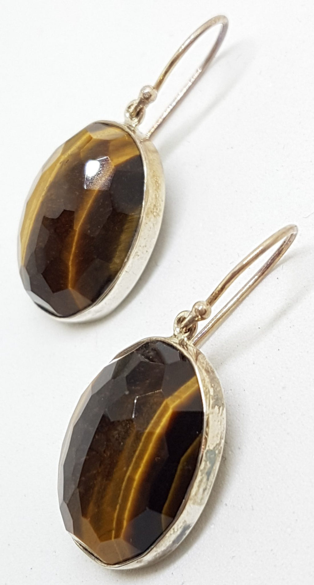 Sterling Silver Large Oval Faceted Bezel Set Tiger Eye Drop Earrings