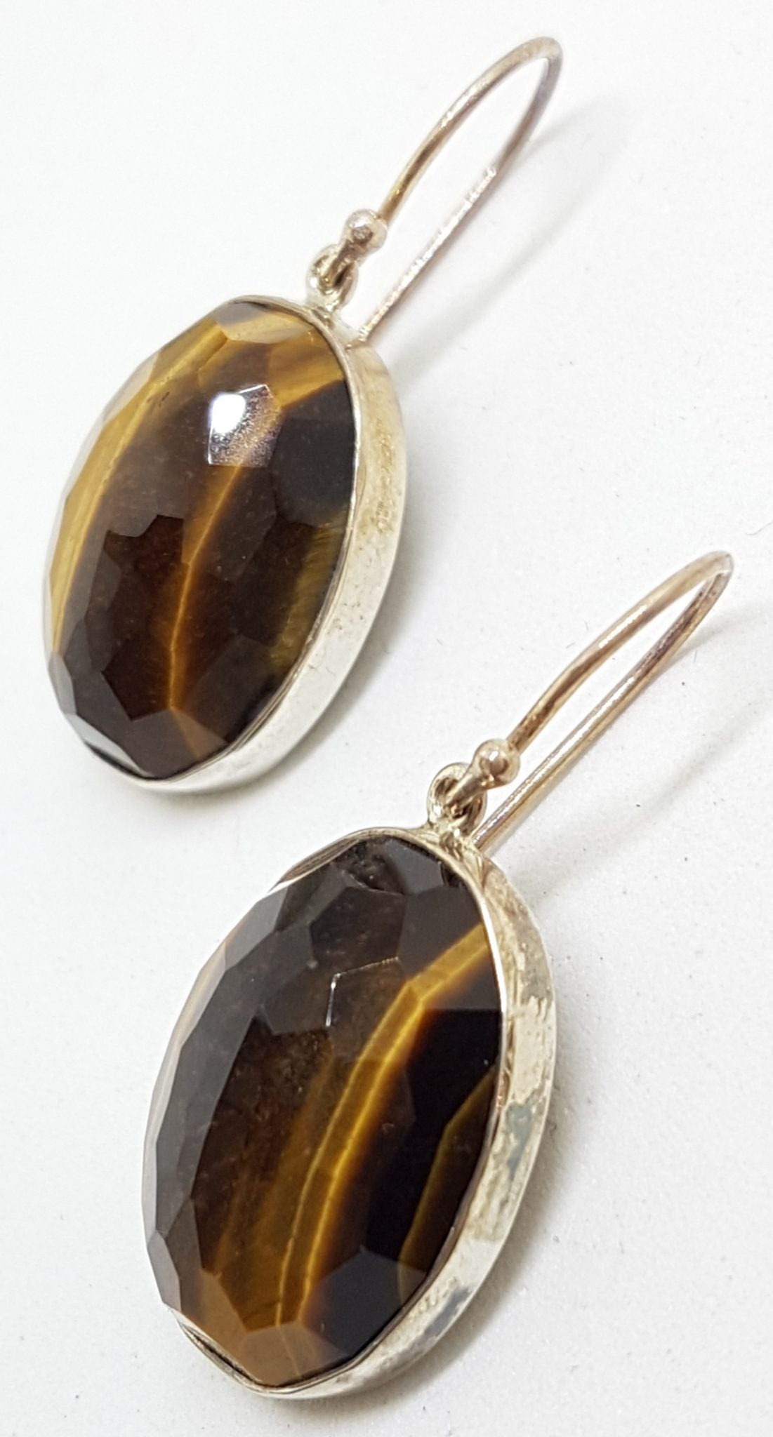 Sterling Silver Large Oval Faceted Bezel Set Tiger Eye Drop Earrings