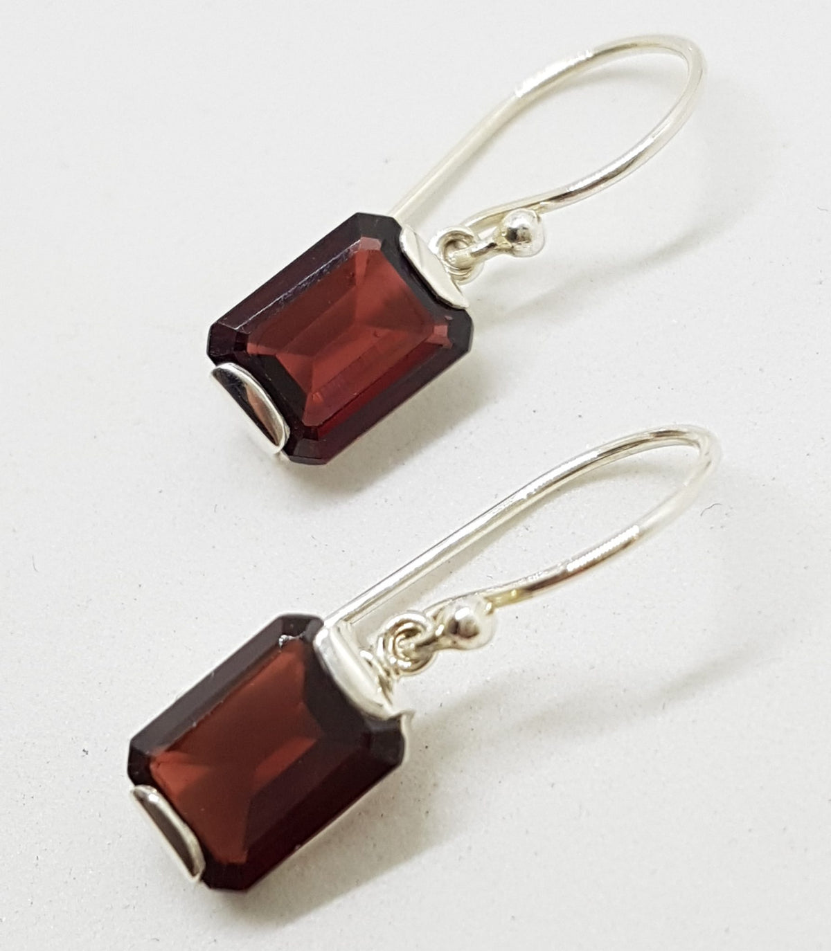 Sterling Silver Rectangular Garnet Drop Earrings