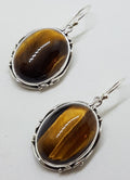 Sterling Silver Large Oval Bezel Set Ornate Design Tiger Eye Drop Earrings
