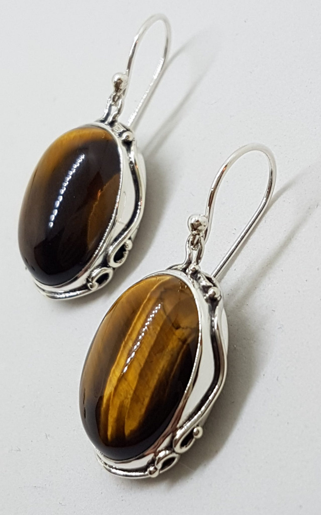 Sterling Silver Large Oval Bezel Set Ornate Design Tiger Eye Drop Earrings