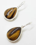 Sterling Silver Pear Shape Teardrop Large Bezel Set Tiger Eye Drop Earrings