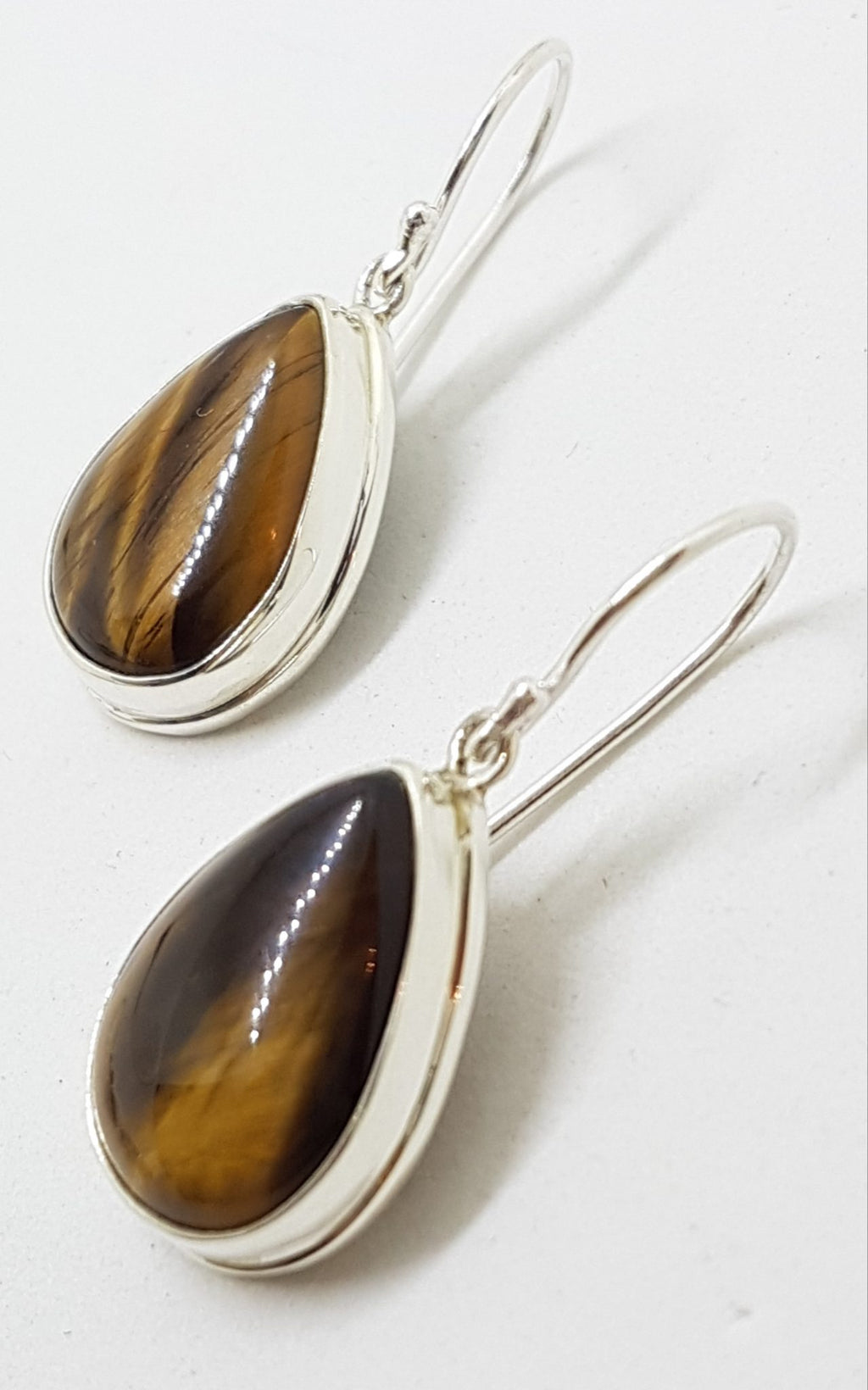 Sterling Silver Pear Shape Teardrop Large Bezel Set Tiger Eye Drop Earrings